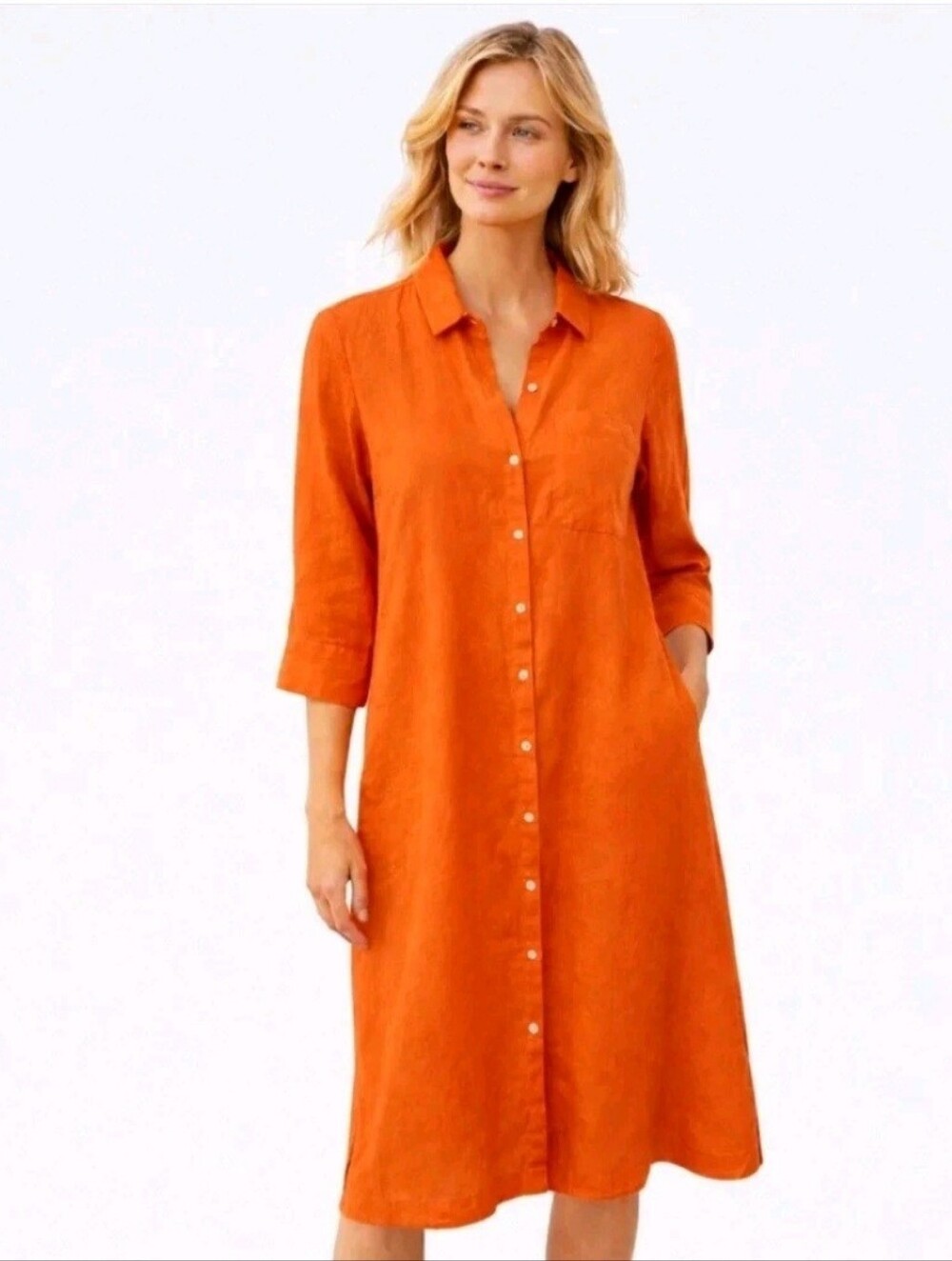 J. Jill LOVE LINEN Petite M Shirt Dress 3/4 Sleeves Button Front Orange